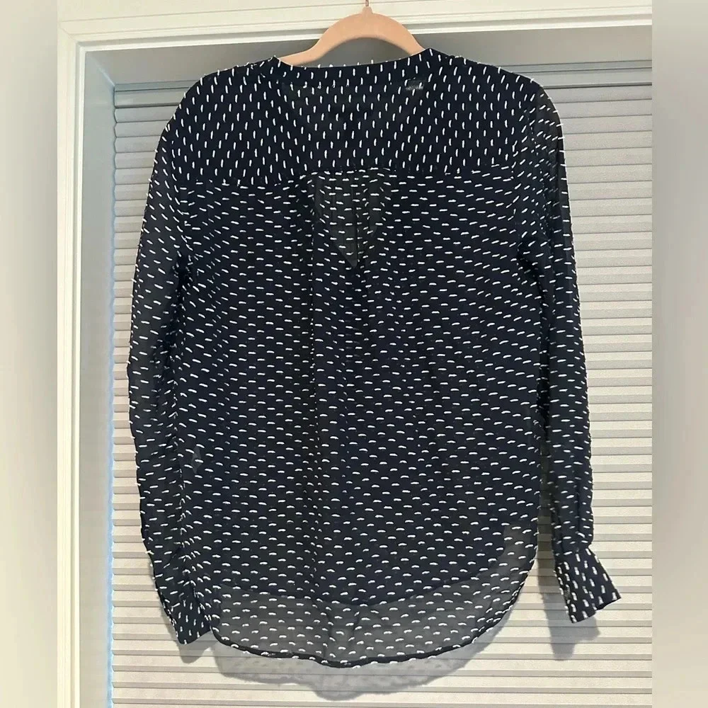 J. Crew navy and white silk blend sheer blouse